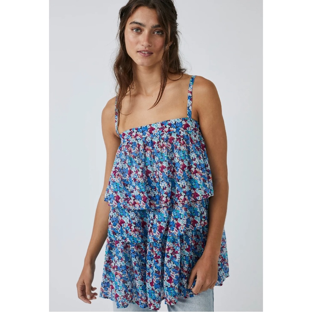 FREE PEOPLE Talia Tunic Top Blue Combo – Size Small - Boho Mini Floral Dress-NWT